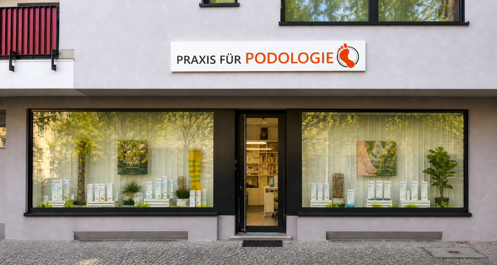 Außenansicht der Praxis für Podologie mit Schaufenstern und Eingangsbereich an der Otto-Suhr-Allee 132